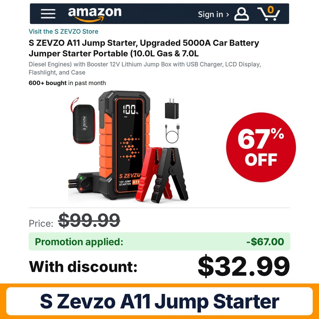 S ZEVZO A11 Jump Starter Amazon promo code 77F0KBM4 – 67% off