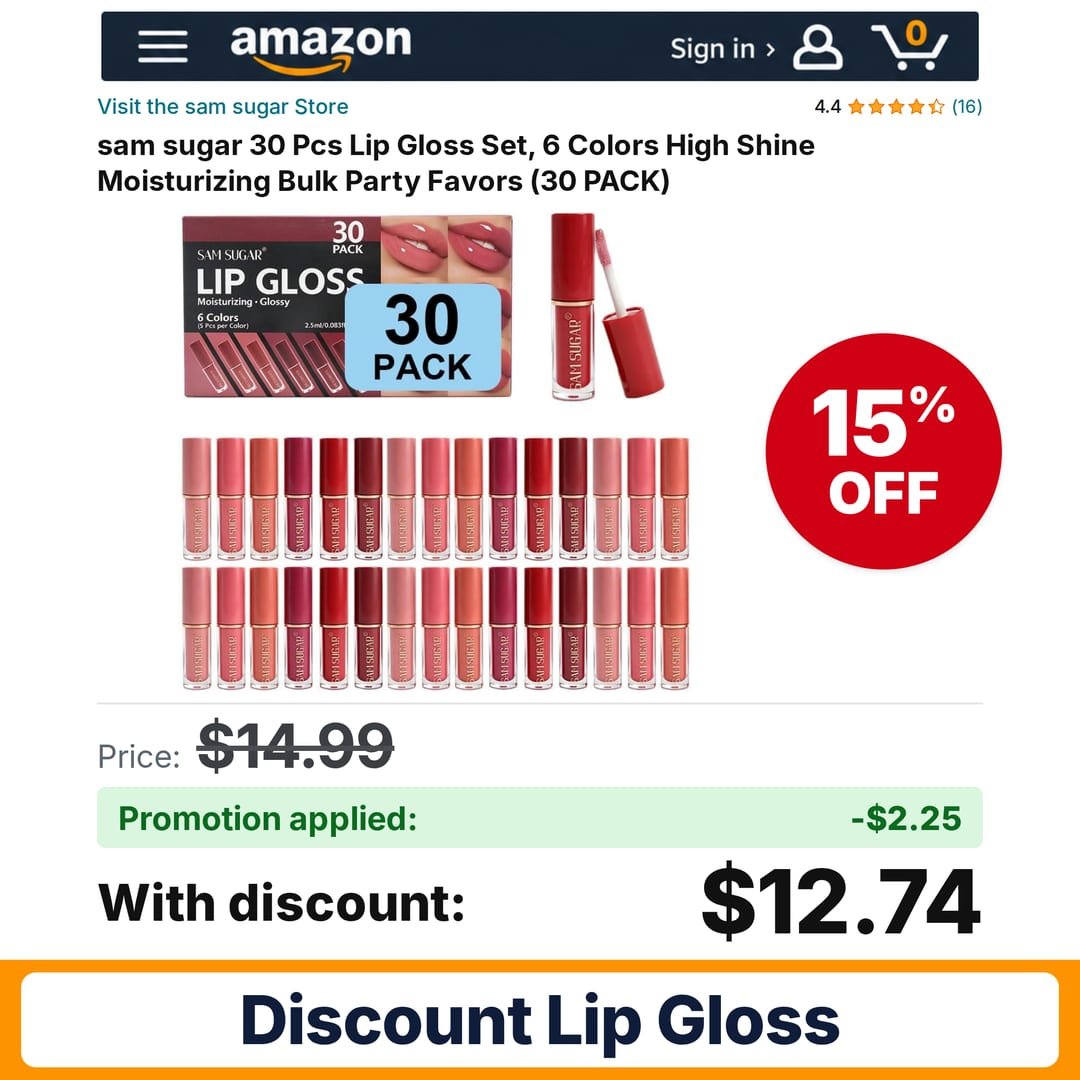 sam sugar 30 Pcs Lip Gloss Set Amazon promo code WB11USER – 15% off