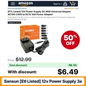 SANSUN [ETL Listed] 12V Power Supply 3A – 50% off