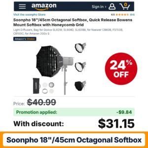 Soonpho 18"/45cm Octagonal Softbox Amazon promo code OVVILR5I – 24% off