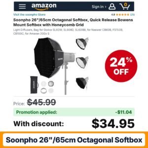 Soonpho 26"/65cm Octagonal Softbox Amazon promo code OVVILR5I – 24% off