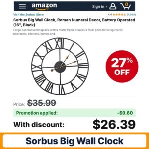 Sorbus Big Wall Clock Amazon promo code JGLQL4OV – 27% off