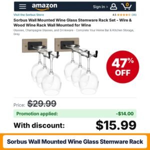 Sorbus Wall Mounted Wine Glass Stemware Rack Amazon promo code V96CSQKH – 47% off