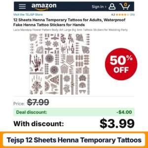 TEJSP 12 Sheets Henna Temporary Tattoos – 50% off