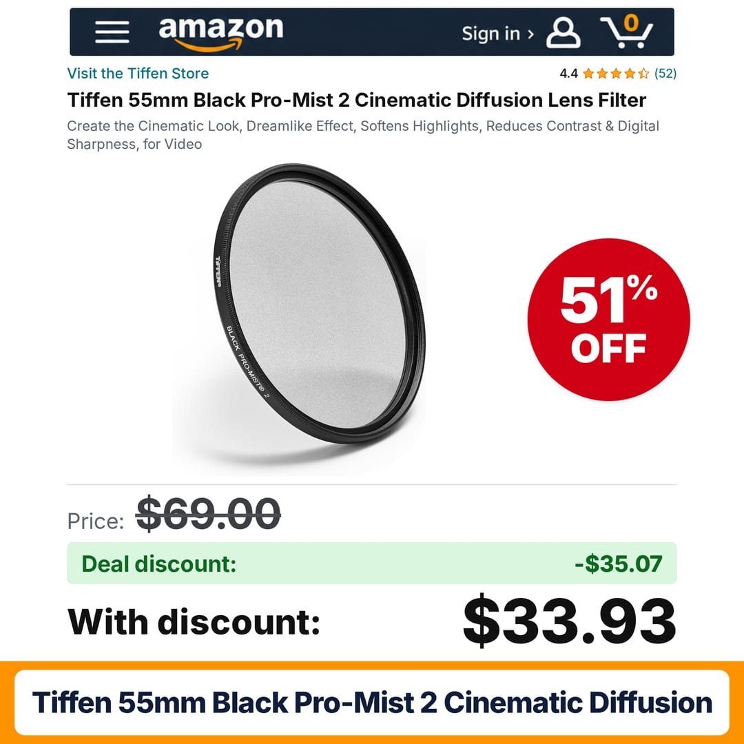 Tiffen 55mm Black Pro-Mist 2 Cinematic Diffusion – 51% off