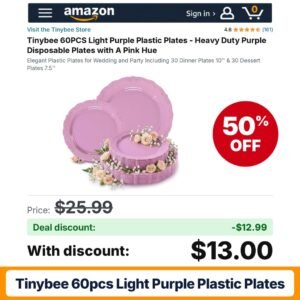 Tinybee 60PCS Light Purple Plastic Plates – 50% off