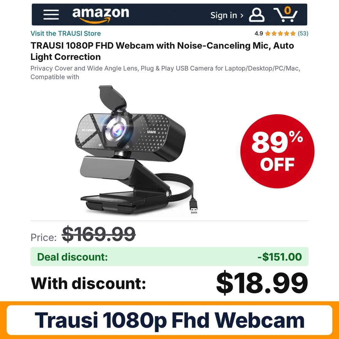 TRAUSI 1080P FHD Webcam – 89% off