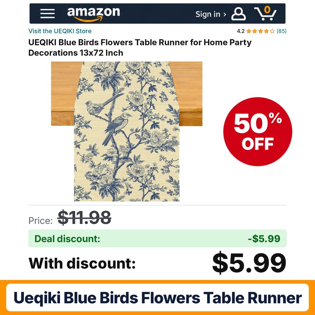 UEQIKI Blue Birds Flowers Table Runner – 50% off