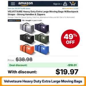 VELVETSURE Heavy Duty Extra Large Moving Bags – 49% off