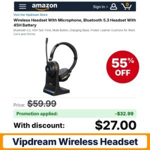 Vipdream Wireless Headset Black Amazon promo code Y3D63ODC – 55% off