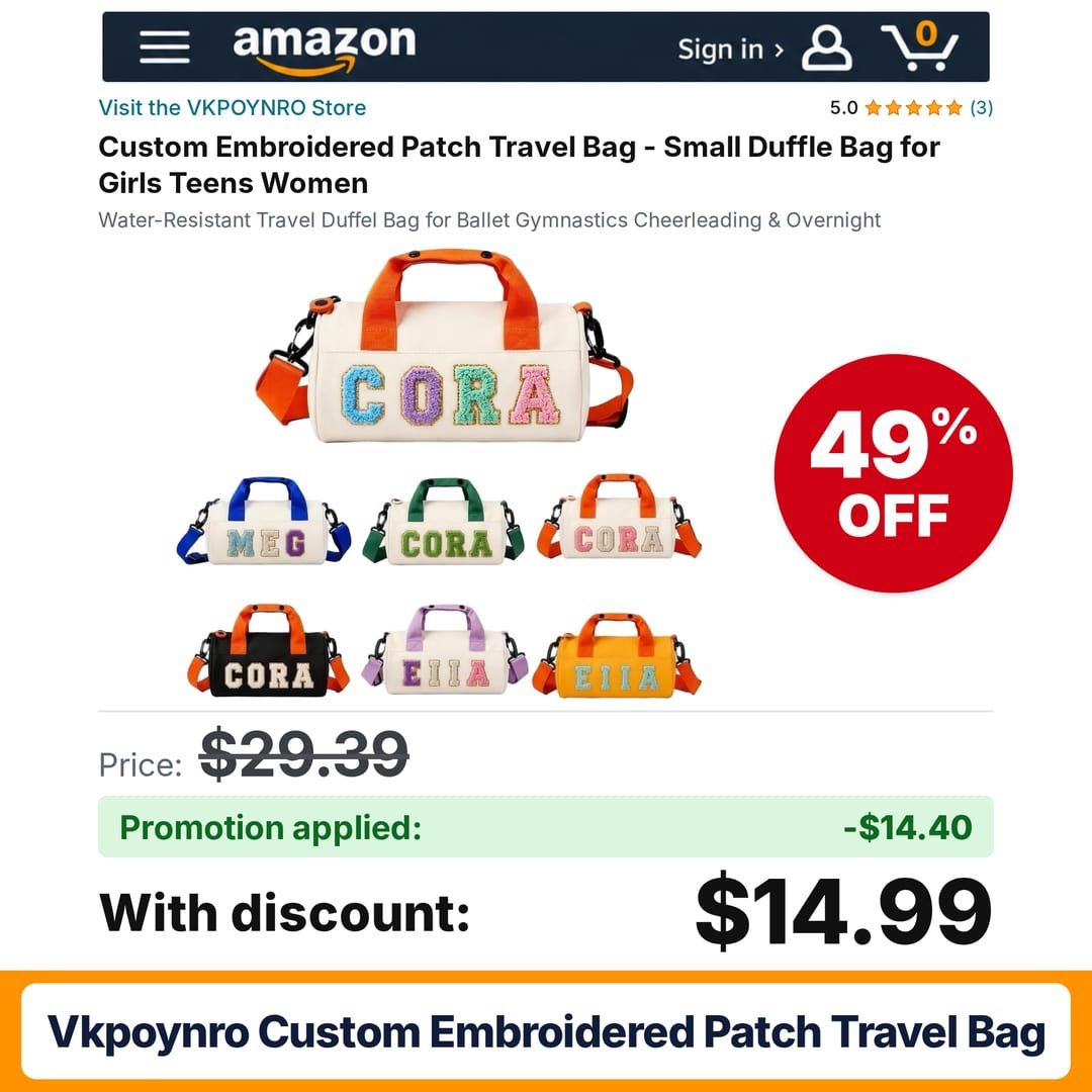 VKPOYNRO Custom Embroidered Patch Travel Bag Amazon promo code M7QWRFAT – 49% off