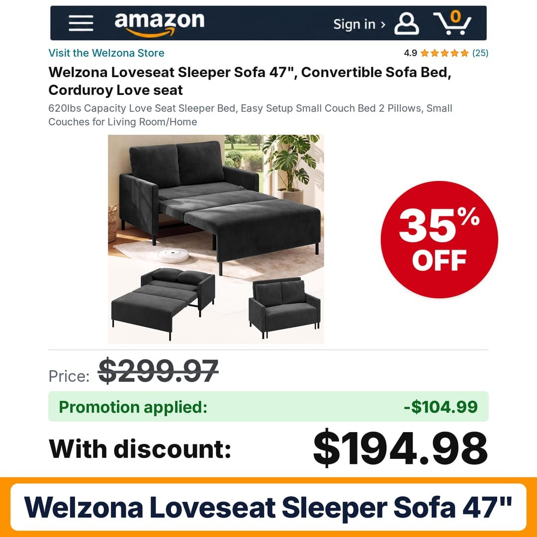 Welzona Loveseat Sleeper Sofa 47" Grey Amazon promo code 2THG06S8 – 35% off