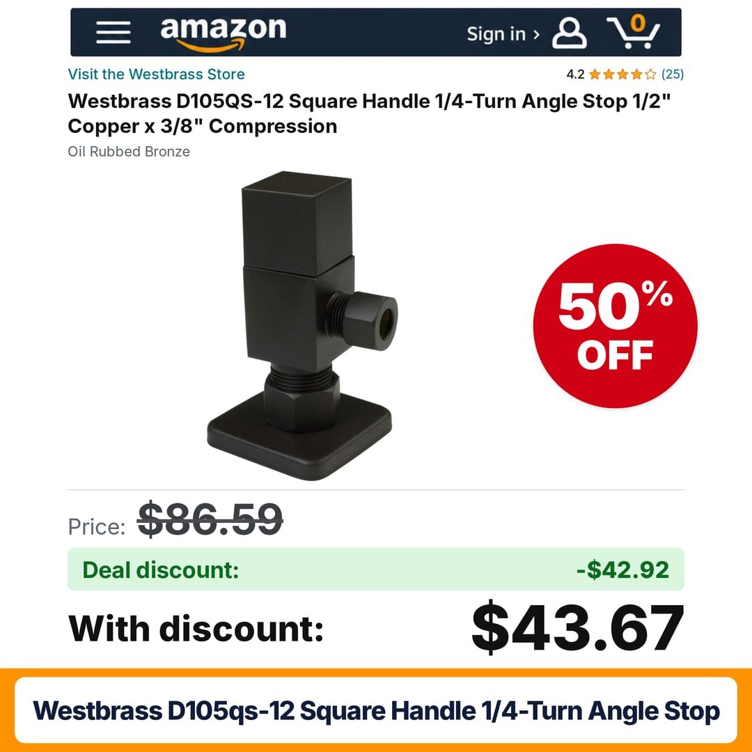 Westbrass D105QS-12 Square Handle 1/4-Turn Angle Stop – 50% off