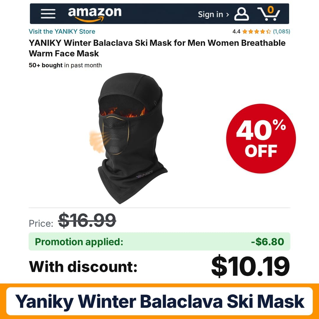 YANIKY Winter Balaclava Ski Mask Amazon promo code OP3AO100 – 40% off