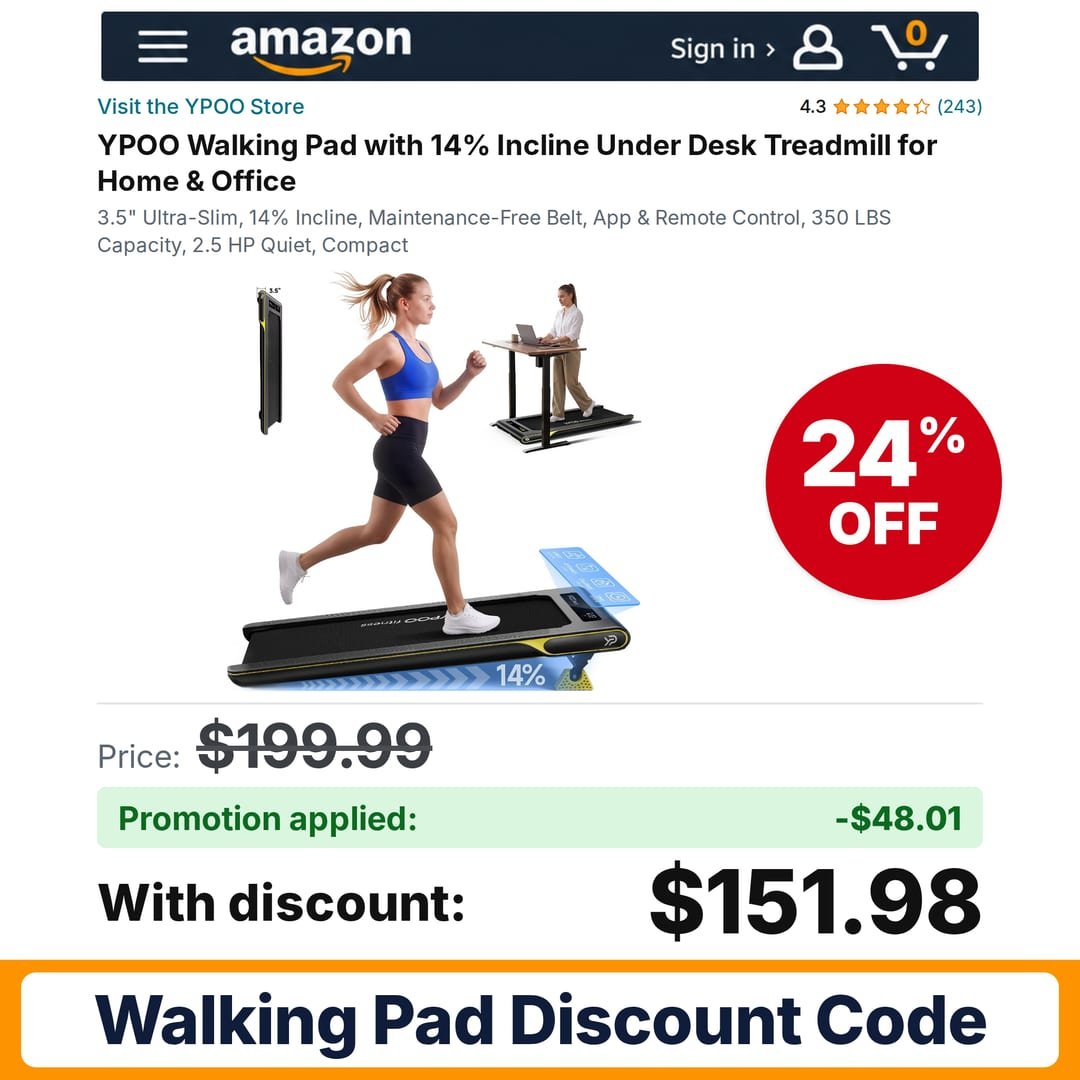 YPOO Walking Pad Amazon promo code TO7HYH66 – 24% off