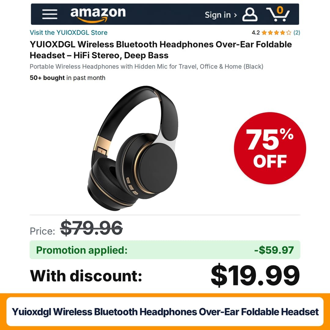 YUIOXDGL Wireless Bluetooth Headphones Over-Ear Foldable Headset Amazon promo code UO3P2OWV – 75% off