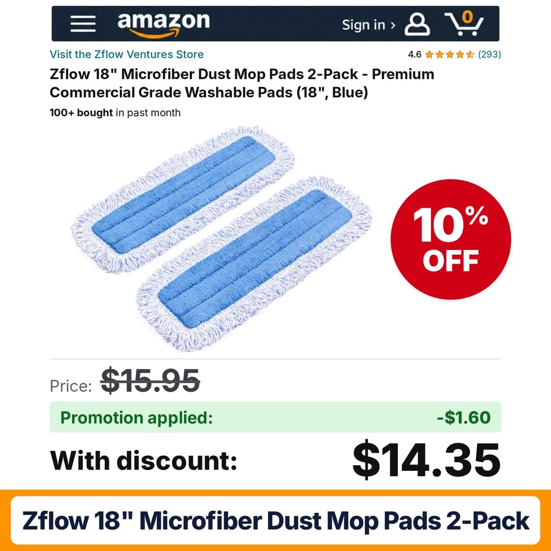 Zflow 18" Microfiber Dust Mop Pads 2-Pack Amazon promo code DUSTPADS – 10% off