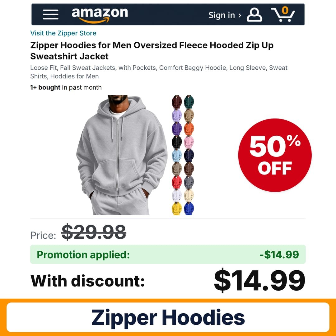 Zipper Hoodies Amazon promo code BC0OBWEU – 50% off